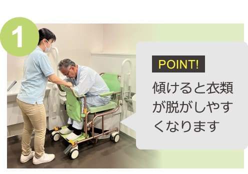 1：ポイント 傾けると衣類が脱がしやすくなります